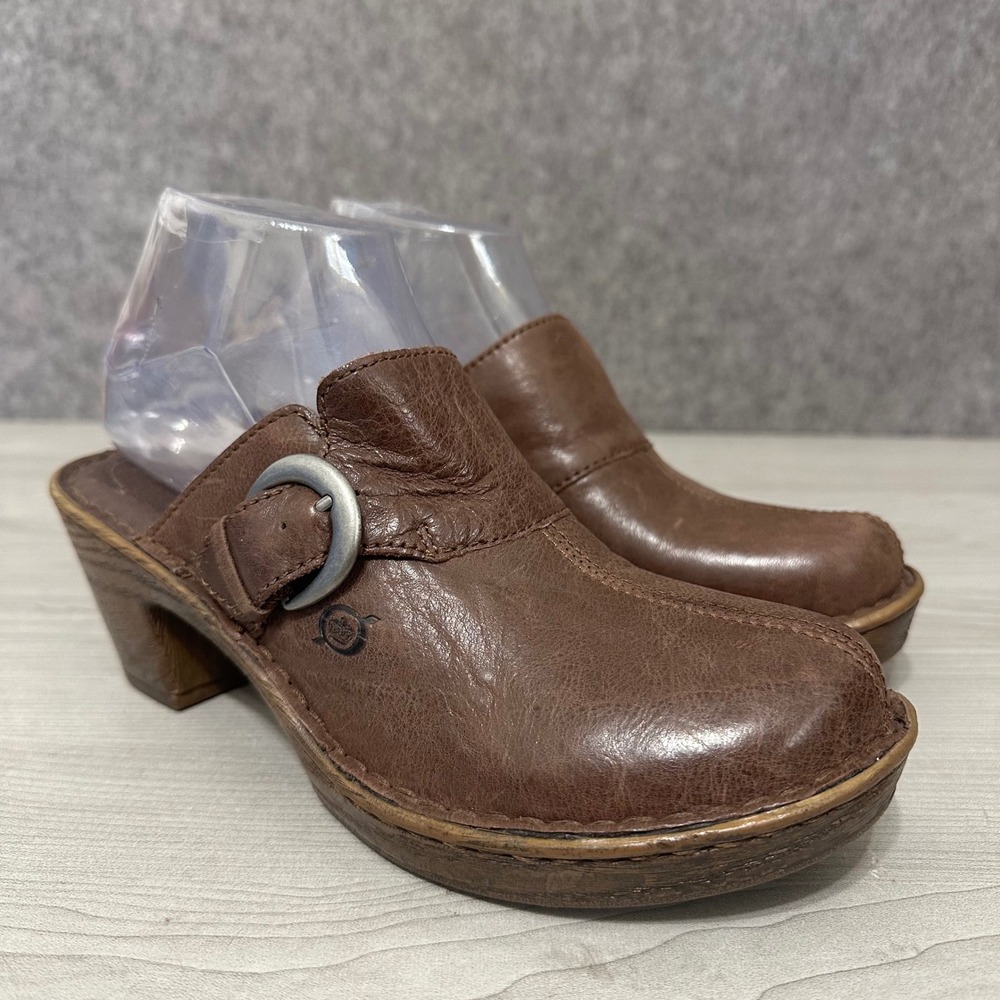 Born Gama Mules Womens 8 Brown Leather Buckle Stacked Heel Clogs D14806 Comfort